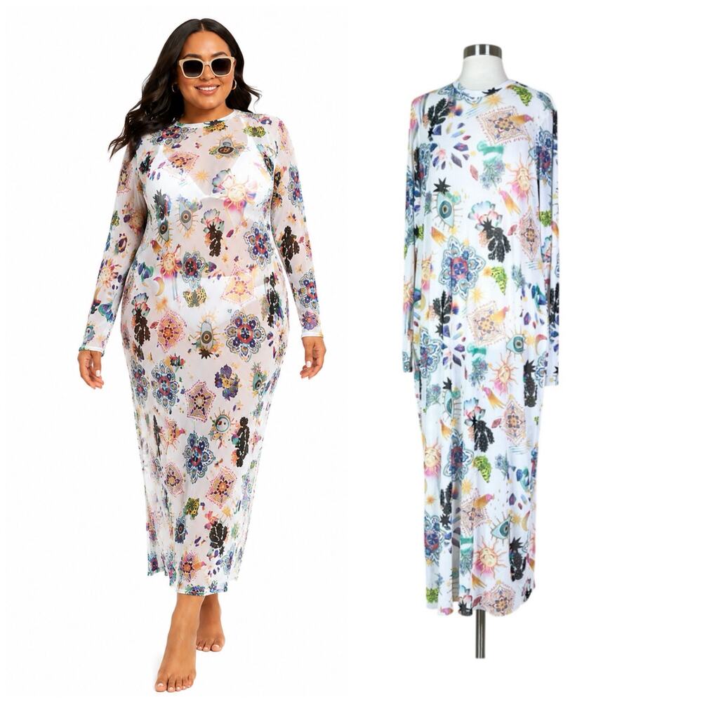 AFRM | Sheer Celestial Print Mesh White Maxi Dress 3X Plus Size Cover Up